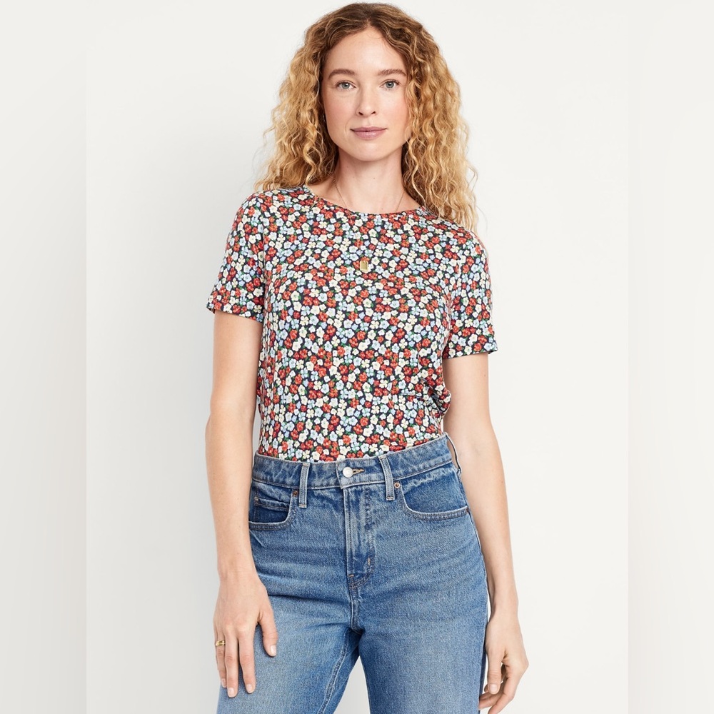 🆕 Old Navy Women's Luxe Crew-Neck Short Sleeve Top Blue Flower M 8-10